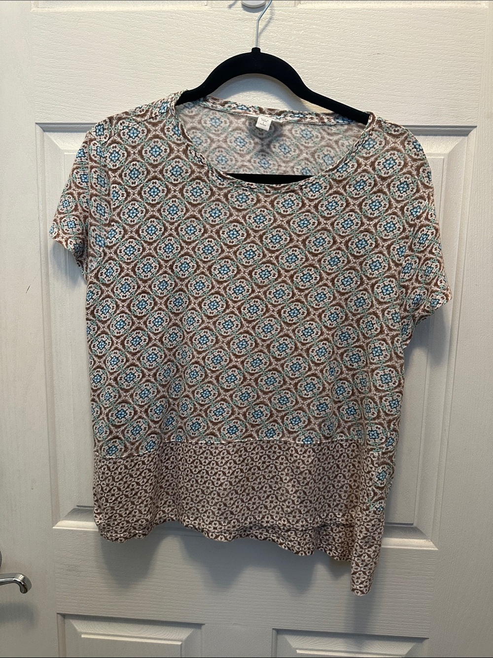 J. Jill Love Linen Short Sleeve Patterned Tee Brown and Blue 100% Linen PL